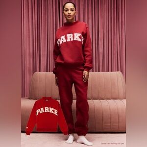 PARKE NWT Valentine’s Varsity Mockneck Fleece Sweatshirt Crimson Peony S M